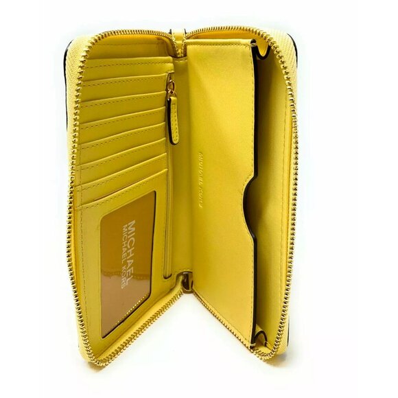 S Michael Kors Jet Set Travel Phone Case Wallet Wristlet Yellow Leather / Gold